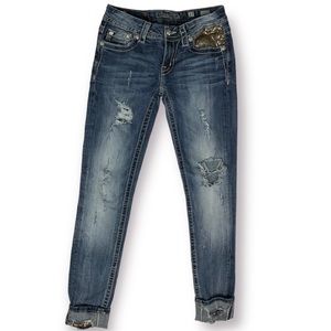 Miss Me Cuffed Skinny Flap Pocket Sequin Detail Distressed Jeans Sz 27